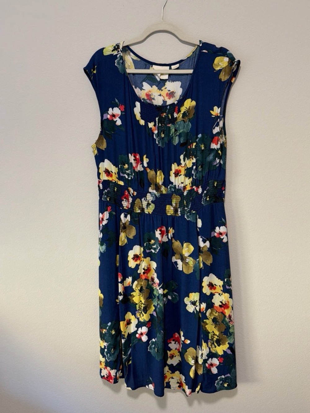 Maeve Navy Blue Floral Cap-Sleeve Midi Dress